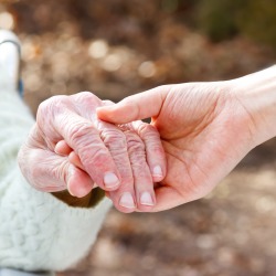Senior Lady in a Wheelchair Holding Hands with her Young Caretaker