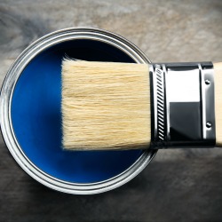 Paint and brush on wooden background, top view